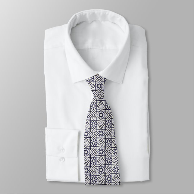 Islamic Blue White Moroccan Geometric Pattern Tie (Tied)
