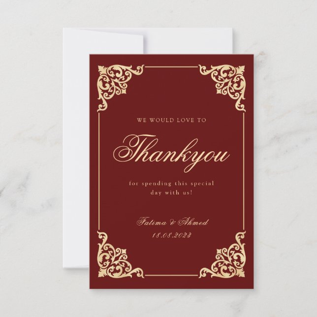 Islamic Burgundy Gold Wedding Thank You Card (Front)