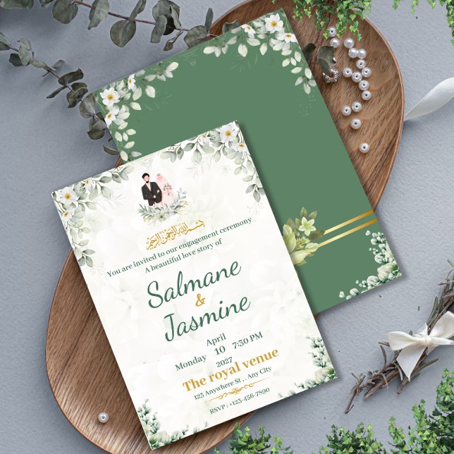 Islamic Engagement Ceremony Muslims Green Floral Invitation (Creator Uploaded)