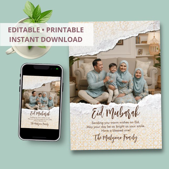 Islamic Geometric Torn Paper & Photo Eid Mubarak Holiday Card (Creator Uploaded)
