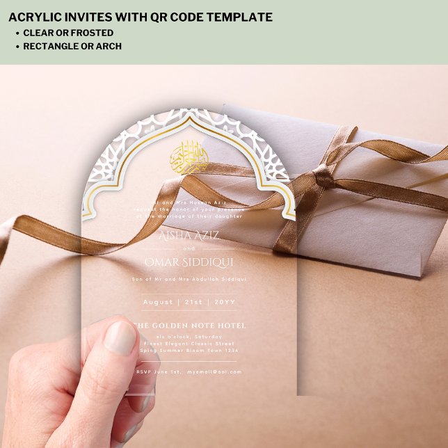 Islamic Gold White Nikah Muslim Mosque Elegant Acrylic Invitations (Creator Uploaded)