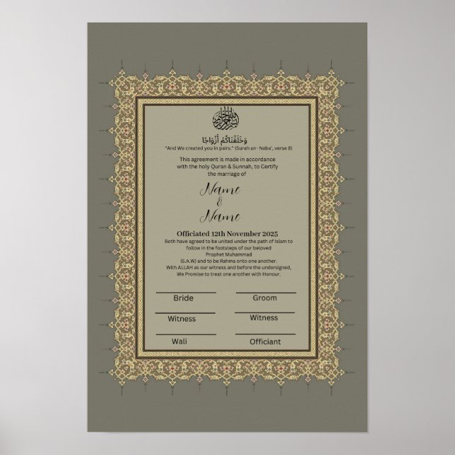 Islamic Gray floral border Nikkah certificate  Poster (Front)