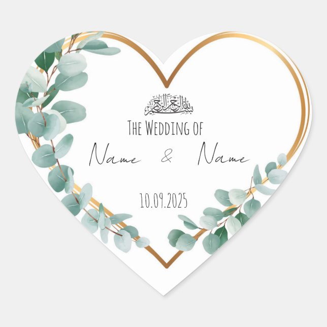 Islamic Heart shaped floral wedding favor sticker (Front)