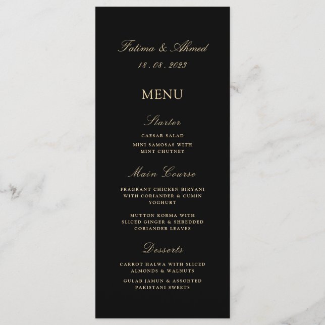 Islamic Muslim Minimal Black Wedding  Menu (Front)