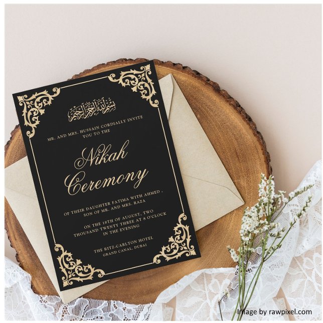 Islamic Muslim Nikah Black Gold Wedding Invitation (Creator Uploaded)