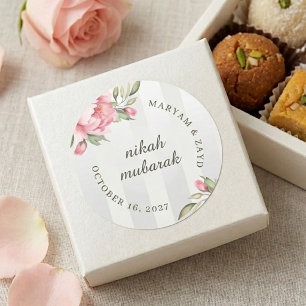 Islamic Nikah Mubarak   Pink Peony & Grey Stripe Classic Round Sticker