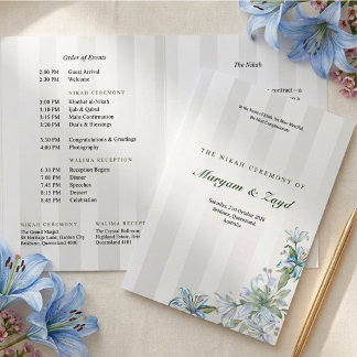 Islamic Nikah Wedding Blue Lily Grey Stripe Tri-Fold Programme
