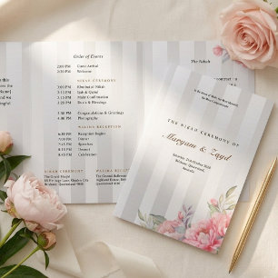 Islamic Nikah Wedding Blush Peony Grey Stripe Tri-Fold Programme