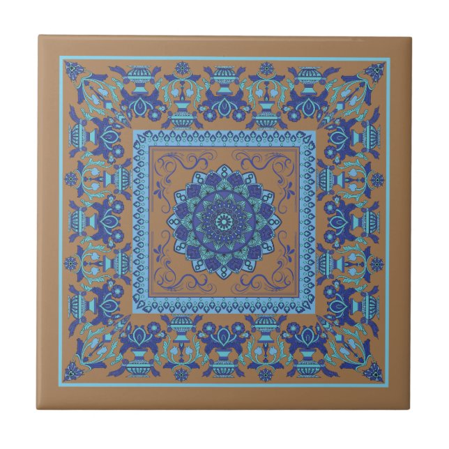 Islamic Pattern Blue And Brown Ceramic Tile (Front)