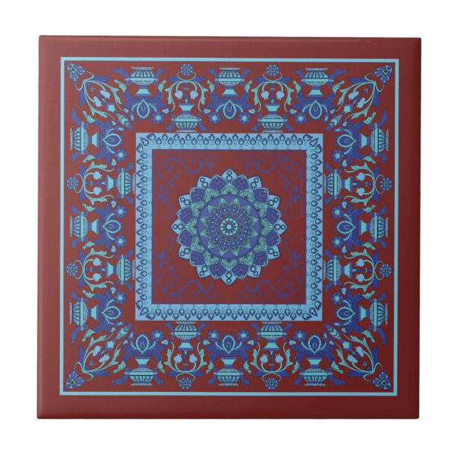 Islamic Pattern Blue And Red Ceramic Tile (Front)