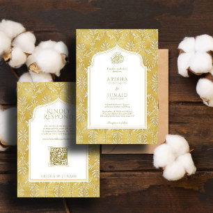 Islamic & Royal Golden Damask Muslim QR Wedding Invitation