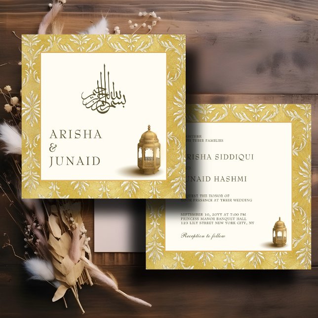 Islamic Royal Golden Damask Muslim Square Wedding Invitation (Creator Uploaded)