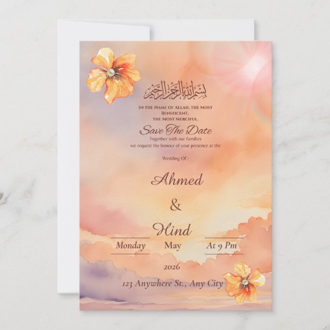 Islamic Save the Date Card Peach Sunset (Front)