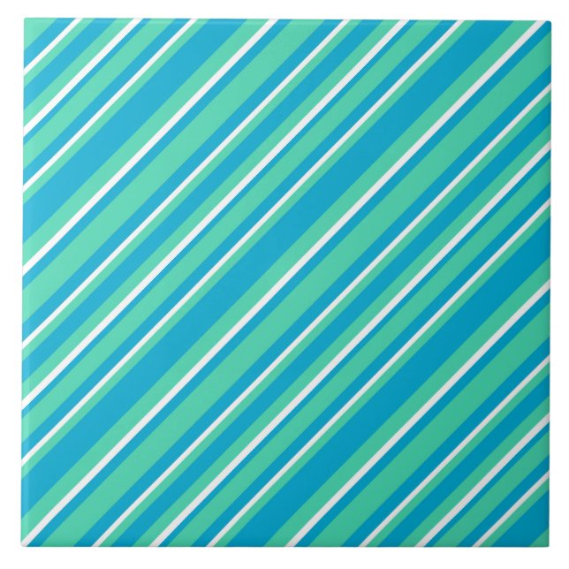 Islamic Turquoise, Aqua and White Striped Pattern Tile (Front)