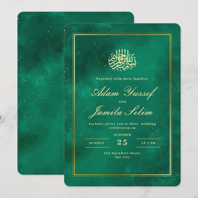 Islamic Wedding Invitation, Emerald Green Wedding  Invitation (Front/Back)