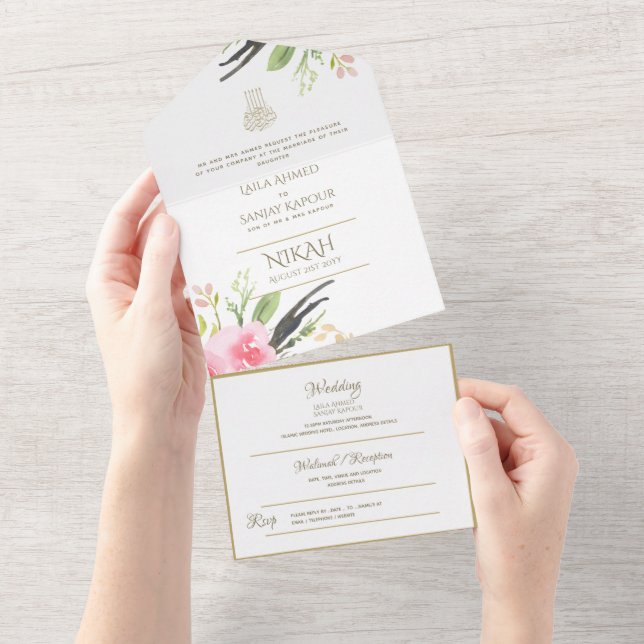 Islamic WEDDING NIKAH WALLIMAH Flowers All In One Invitation (Tearaway)
