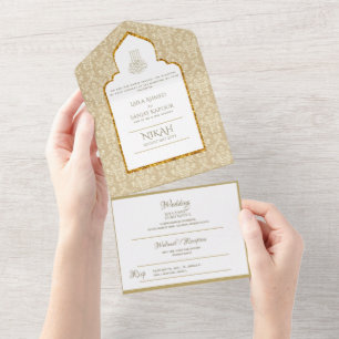 Islamic WEDDING NIKAH WALLIMAH Gold Damask All In One Invitation
