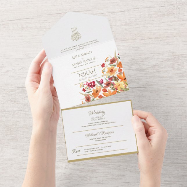 Islamic WEDDING NIKAH WALLIMAH Gold Floral All In  All In One Invitation (Tearaway)