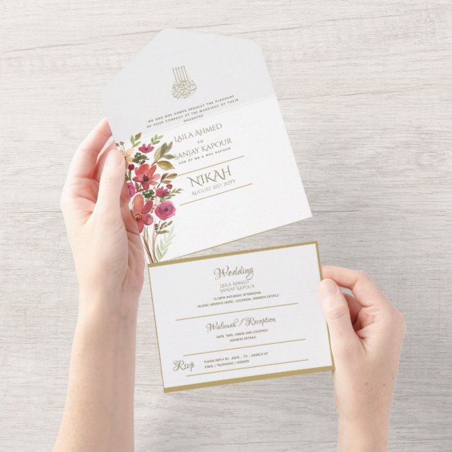 Islamic WEDDING NIKAH WALLIMAH Gold Floral All In  All In One Invitation (Tearaway)