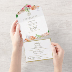 Islamic WEDDING NIKAH WALLIMAH Gold Floral All In  All In One Invitation