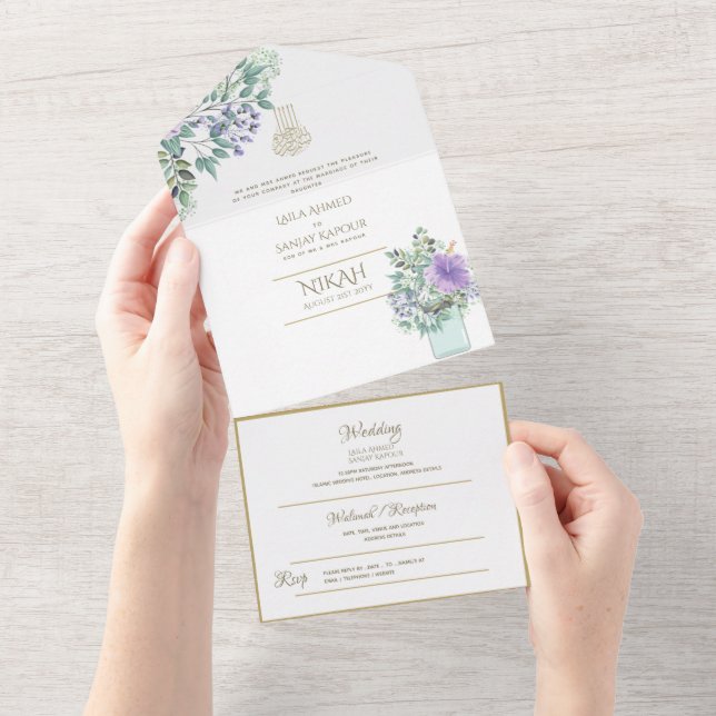 Islamic WEDDING NIKAH WALLIMAH Gold Floral All In  All In One Invitation (Tearaway)