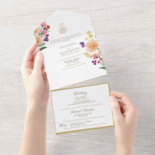 Islamic WEDDING NIKAH WALLIMAH Gold Floral All In  One Invitation