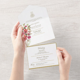 Islamic WEDDING NIKAH WALLIMAH Gold Floral All In  One Invitation