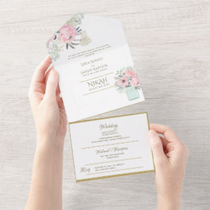 Islamic WEDDING NIKAH WALLIMAH Gold Floral All In  One Invitation