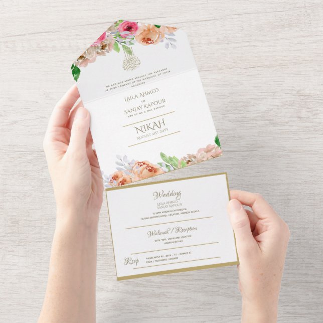 Islamic WEDDING NIKAH WALLIMAH Gold Floral All In  One Invitation (Tearaway)
