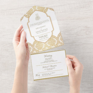 Islamic WEDDING NIKAH WALLIMAH Gold Ornate All In  All In One Invitation