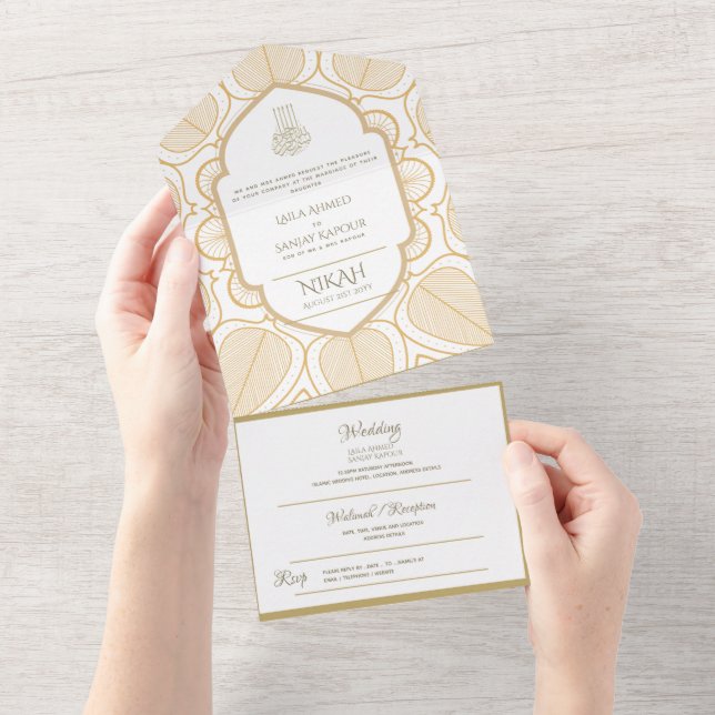 Islamic WEDDING NIKAH WALLIMAH Gold Ornate All In  All In One Invitation (Tearaway)