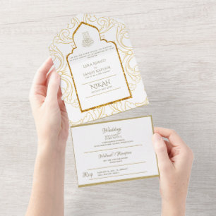 Islamic WEDDING NIKAH WALLIMAH Gold Ornate All In  One Invitation