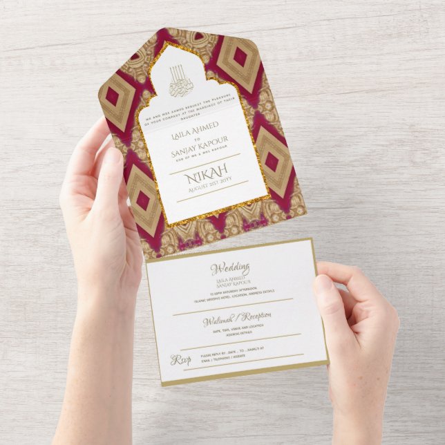 Islamic WEDDING NIKAH WALLIMAH Gold Red Ornate All All In One Invitation (Tearaway)