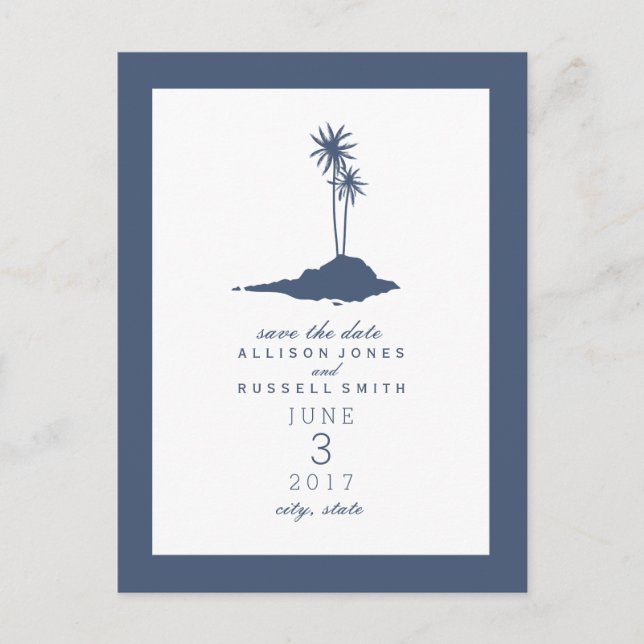 Island Beach Wedding Save The Date - Dark Blue Announcement Postcard (Front)
