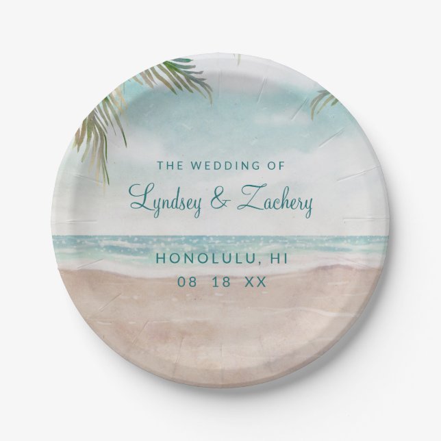 Island Breeze Painted Beach Scene Tropical Wedding Paper Plate (Front)