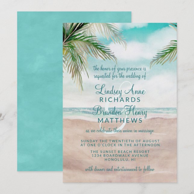 Island Breeze Painted Beach Scene Wedding Invitation (Front/Back)
