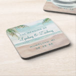 Island Breeze Painted Beach Scene Wedding Monogram Coaster<br><div class="desc">Island Breeze Painted Beach Scene, with Ocean Waves, Sandy Beach, and Palm Trees, with a beautiful teal blue sky. With Modern Typography Script Fonts. A Summer Tropical Beach, Or destination wedding design - Personalized Wedding Dinner Reception Table Decor Monogram Coasters! ~ Check my shop to see the entire wedding suite...</div>