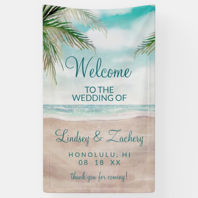 Island Breeze Painted Beach Scene Wedding Welcome Banner (Vertical)