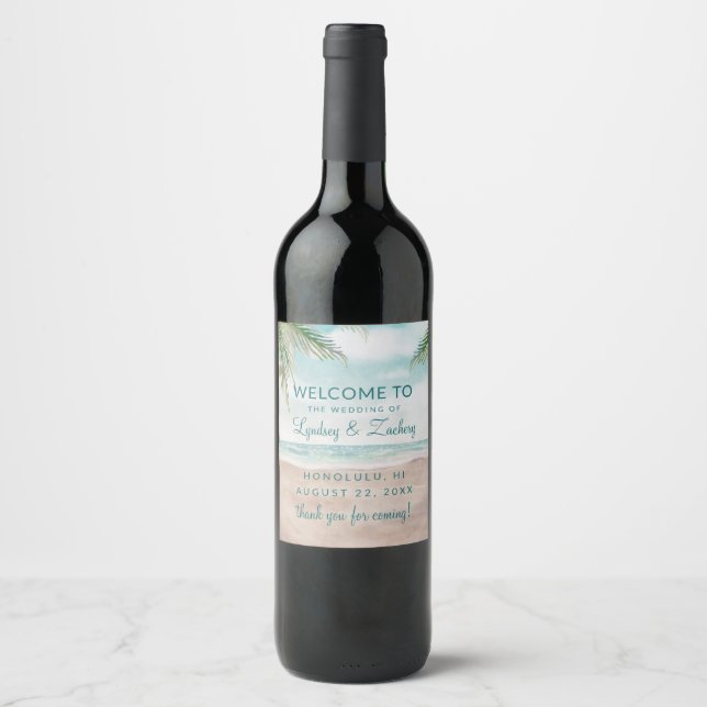Island Breeze Painted Beach Scene Wedding Welcome Wine Label (Front)