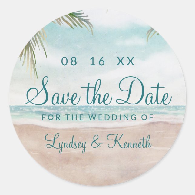 Island Breeze Tropical Beach Scene Save the Date Classic Round Sticker (Front)