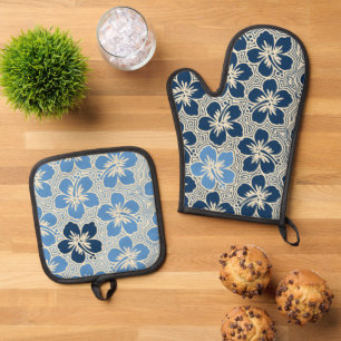 Island Floral Hawaiian Hibiscus Pinstriped Blue Oven Mitt & Pot Holder Set