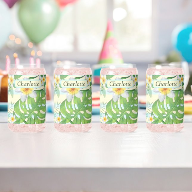 Island Flowers and Monstera Leaves Personalized  Can Glass (Insitu (Birthday))