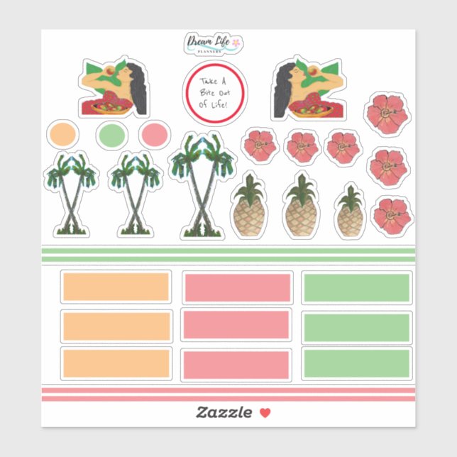 Island Girl Palm Tree Tropical flowers Stickers (Sheet)
