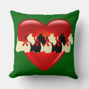 Island green, 6 Scottish Terrier dog, red heart Throw Pillow