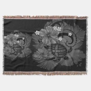 Island Hawaiian Map Big Turtle Hibiscus Plumeria T Throw Blanket