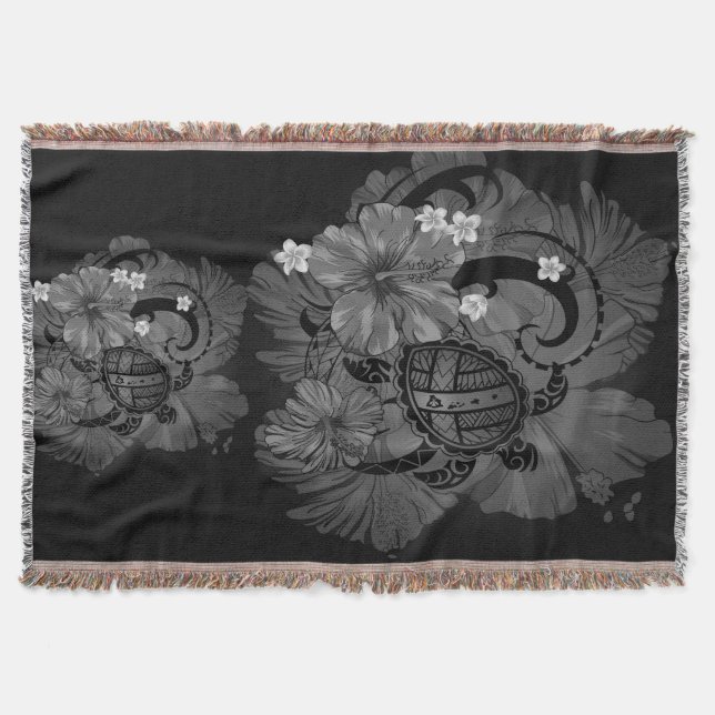 Island Hawaiian Map Big Turtle Hibiscus Plumeria T Throw Blanket (Front)