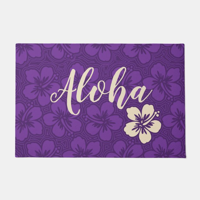 Island Hibiscus Hawaiian Pinstriped Floral Aloha Doormat (Front)