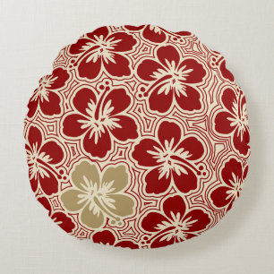 Island Hibiscus Hawaiian Pinstriped Reversible Round Pillow