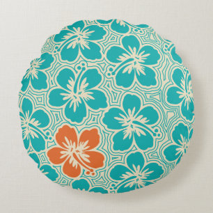 Island Hibiscus Hawaiian Pinstriped Reversible Round Pillow