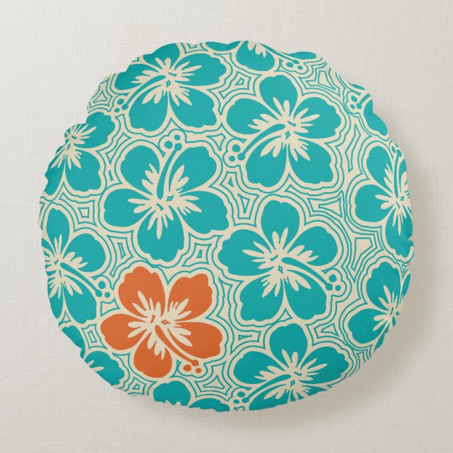 Island Hibiscus Hawaiian Pinstriped Reversible Round Pillow (Front)